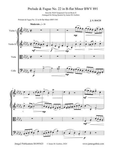 BACH: Prelude & Fugue No. 22 in B-flat Minor, BWV 891 for String Quartet (arr. James M. Guthrie)