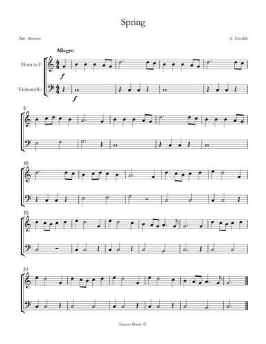 vivaldi spring easy French Horn and Cello sheet music (arr. Arezzo Music)
