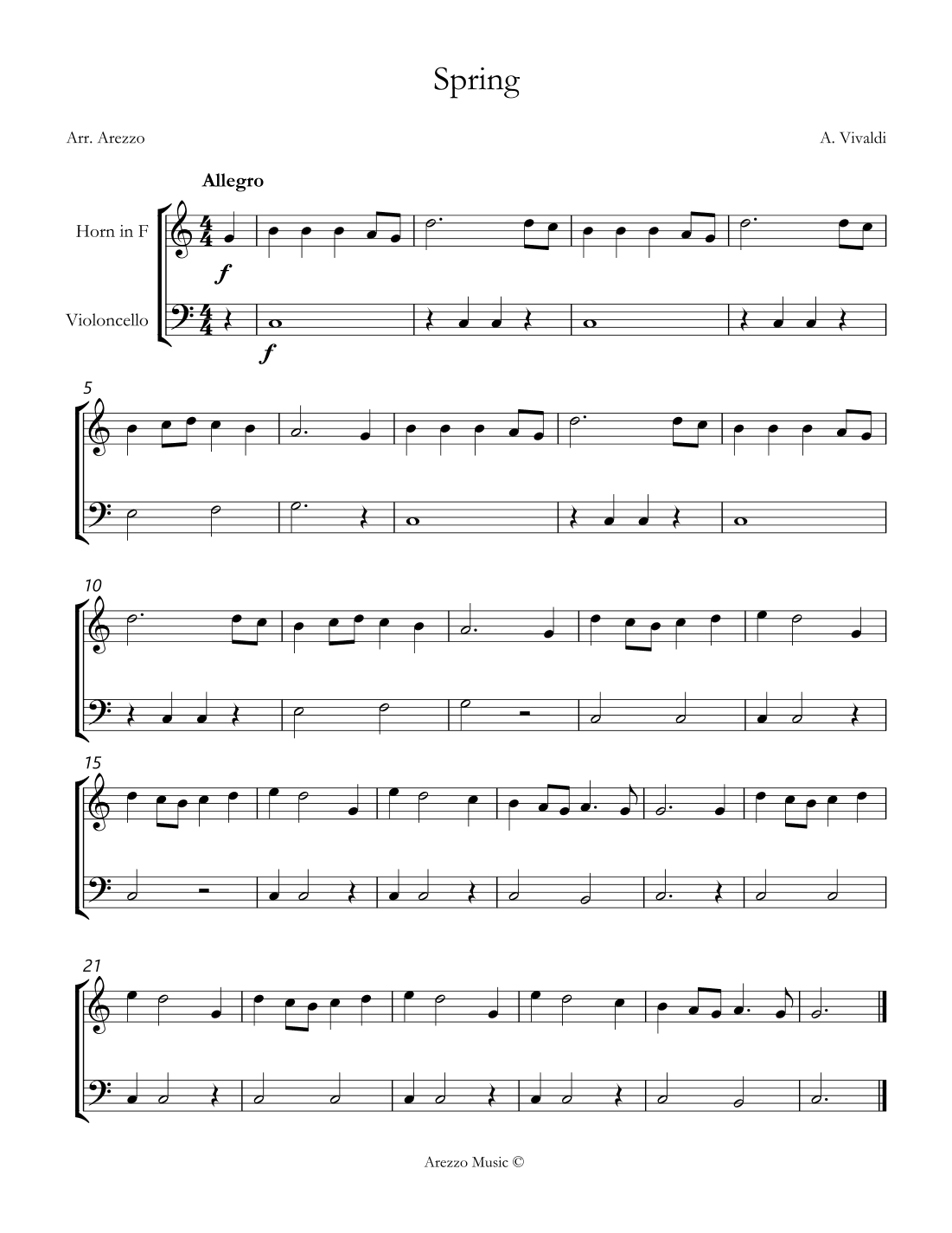 vivaldi spring easy French Horn and Cello sheet music (arr. Arezzo Music)