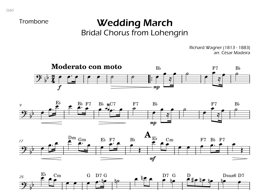 Wedding March (Bridal Chorus) - Trombone Solo - W/Chords (arr. César Madeira)
