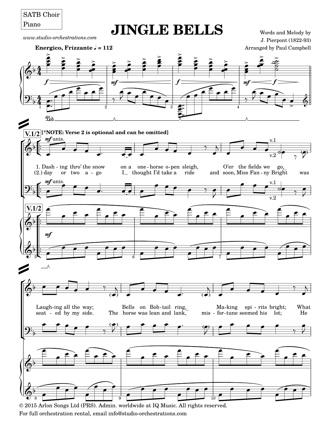 Jingle Bells (SATB, Piano PLUS bonus Percussion Part) (arr. Paul Campbell / Studio Orchestrations)