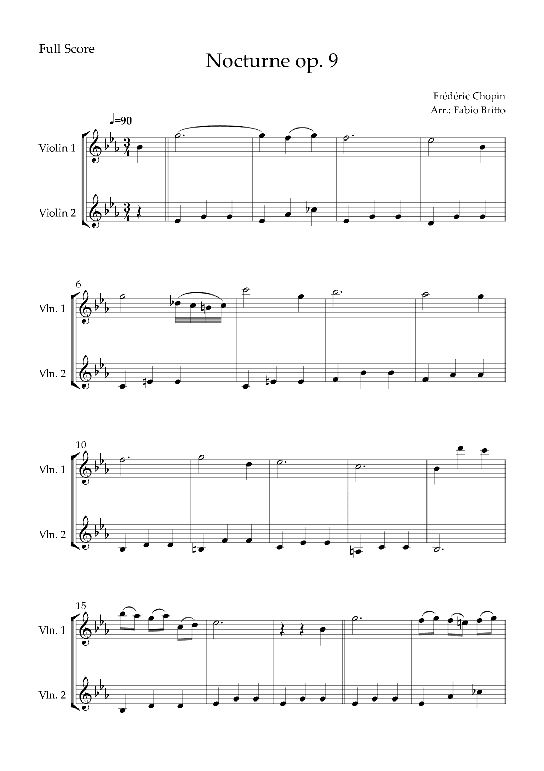 Nocturne Op.9 No. 2 (Frédéric Chopin) for Violin Duo (arr. Fabio Britto)