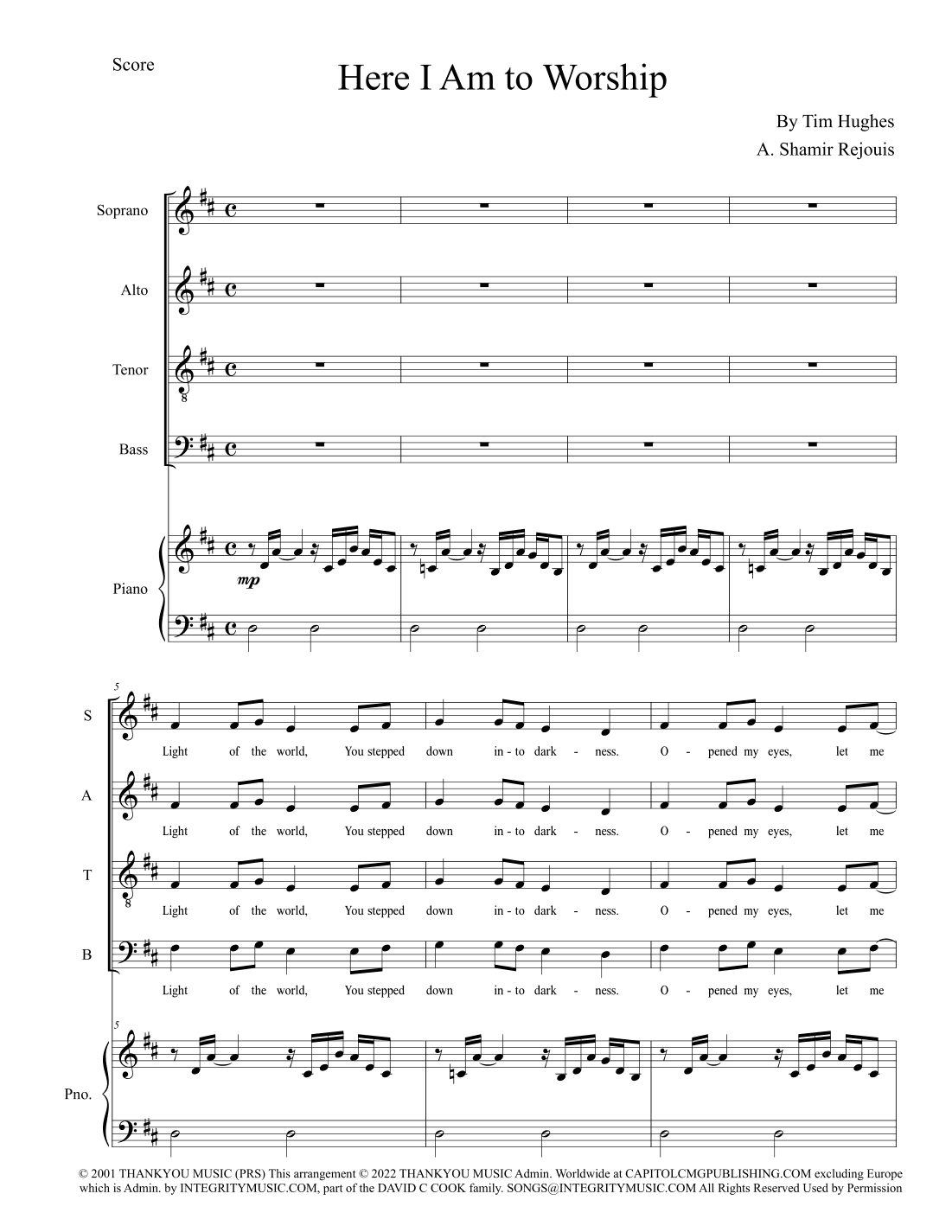 Here I Am To Worship (light Of The World) (arr. A. Shamir Rejouis)