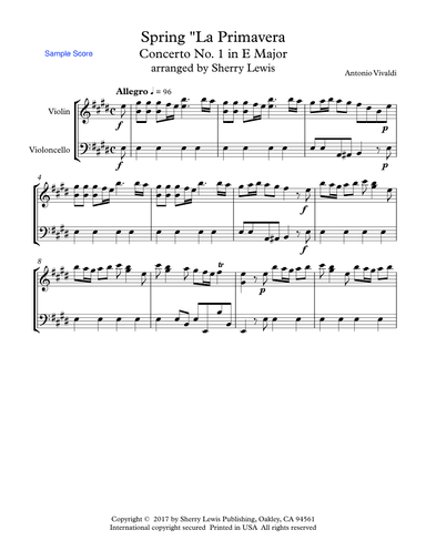 SPRING (La Primavera), 1st. Mov., String Duo, Intermediate Level for violin and cello (arr. Sherry Lewis)