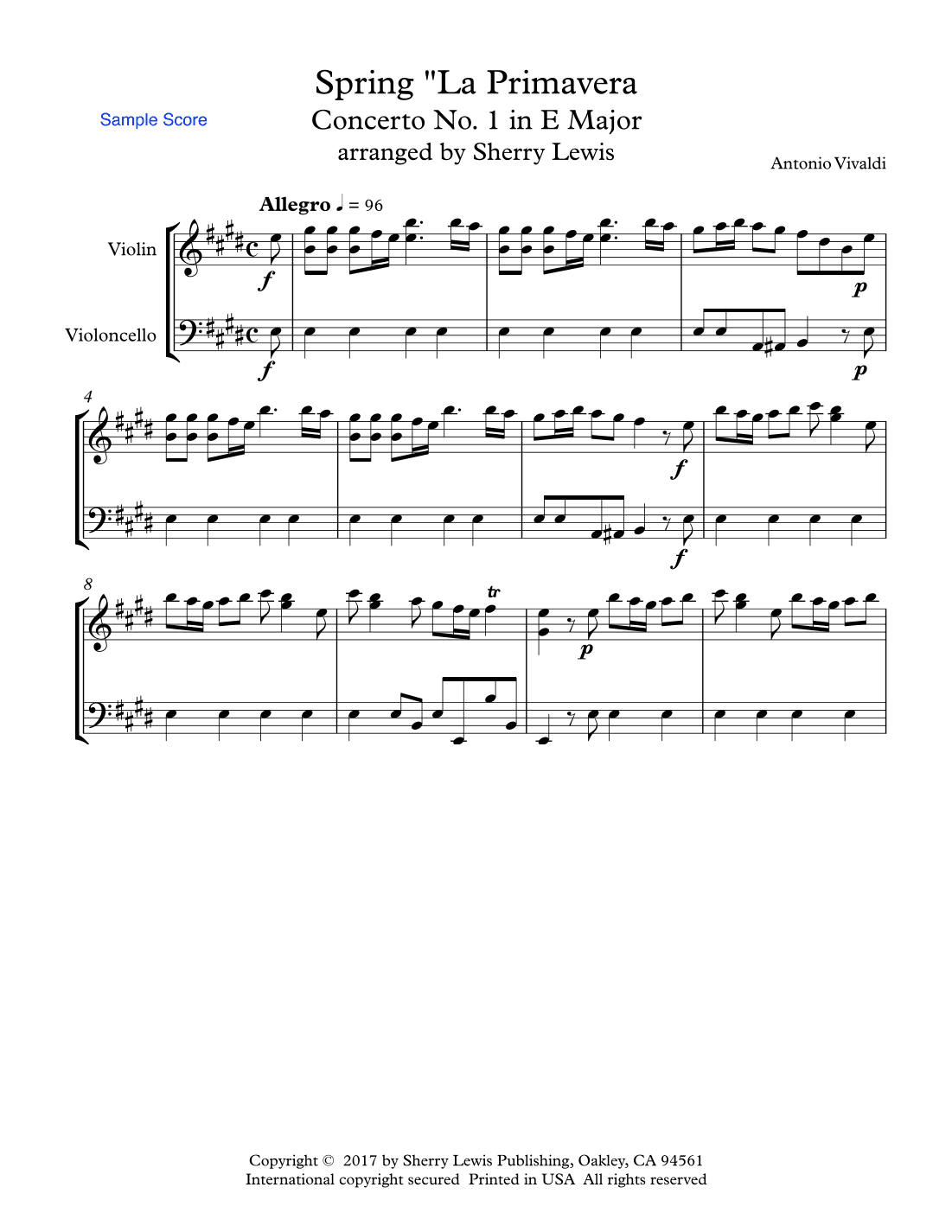 SPRING (La Primavera), 1st. Mov., String Duo, Intermediate Level for violin and cello (arr. Sherry Lewis)