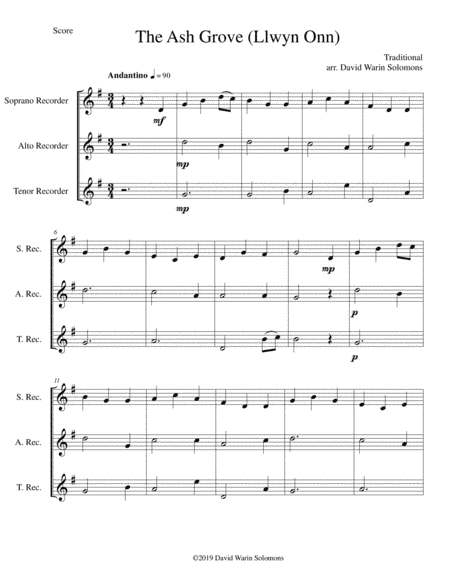 The Ash Grove (Llwyn Onn) for recorder trio (soprano, alto, tenor) (arr. David Warin Solomons)