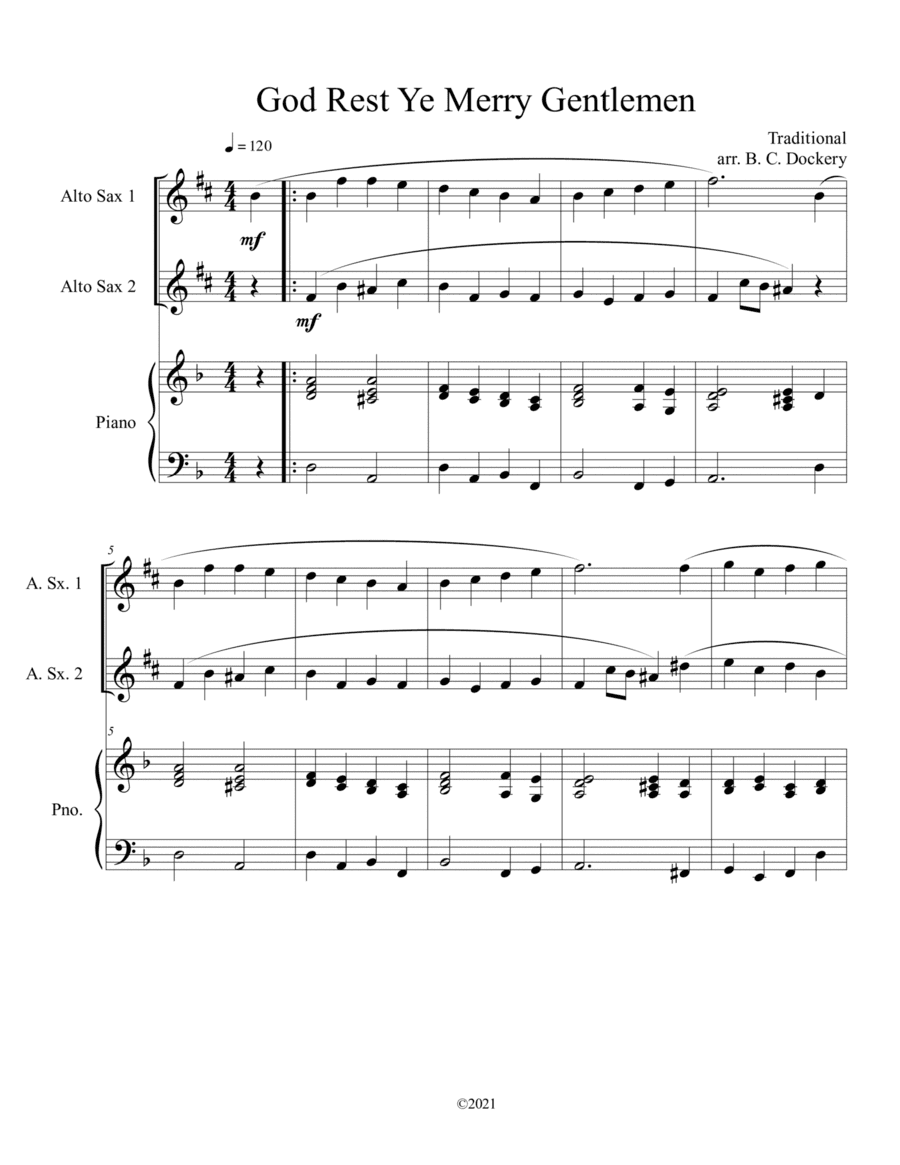 God Rest Ye Merry Gentlemen (Alto Sax Duet) with optional piano accompaniment (arr. B. C. Dockery)