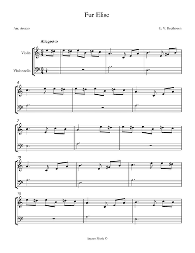 beethoven fur elise violin and cello sheet music (arr. Arezzo Music)