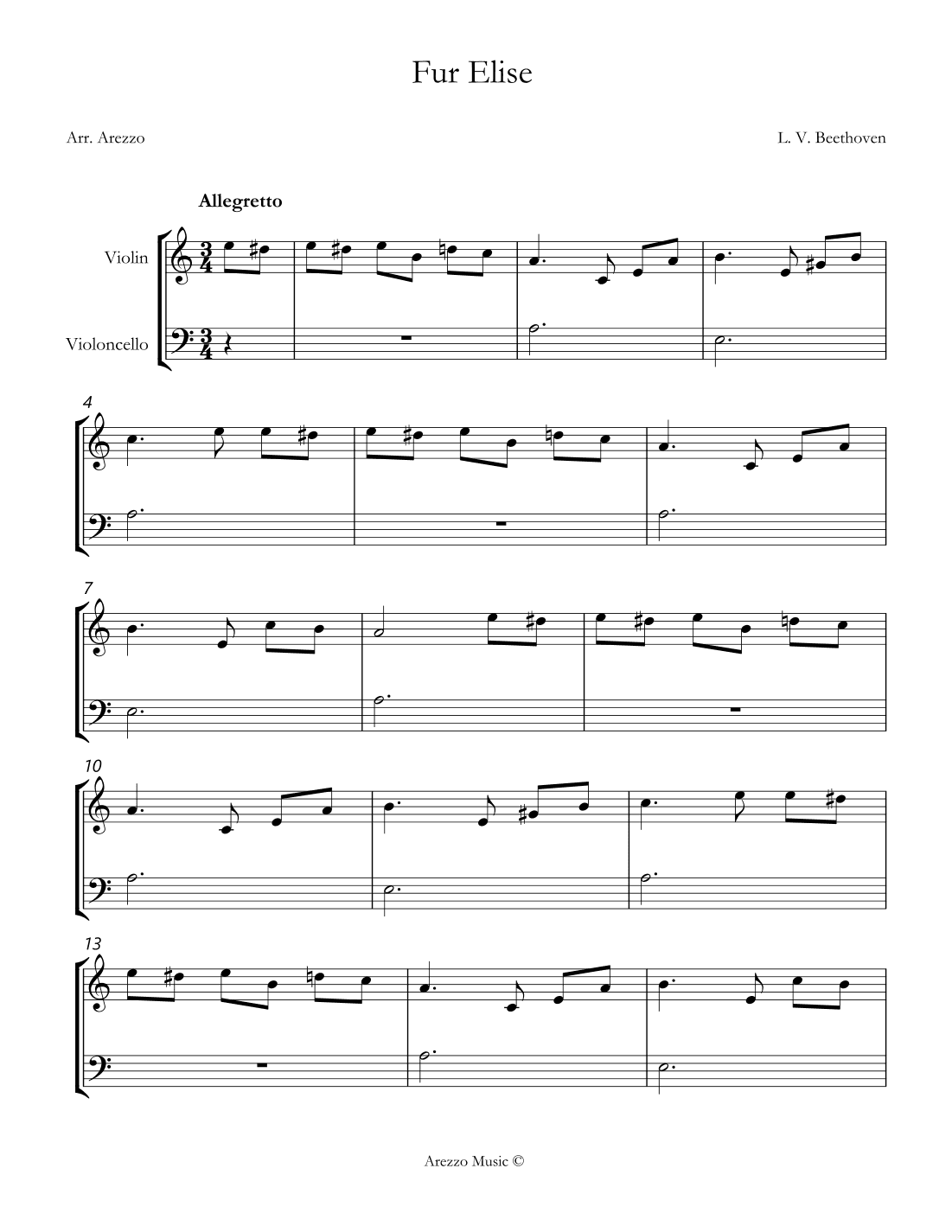 beethoven fur elise violin and cello sheet music (arr. Arezzo Music)