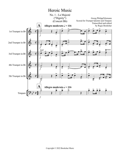 Heroic Music - No.   1. La Majeste (Bb) (Trumpet Quintet, Timp) (arr. Regis Bookshar)