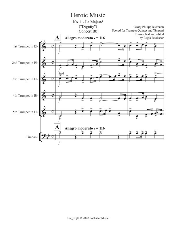Heroic Music - No.   1. La Majeste (Bb) (Trumpet Quintet, Timp) (arr. Regis Bookshar)