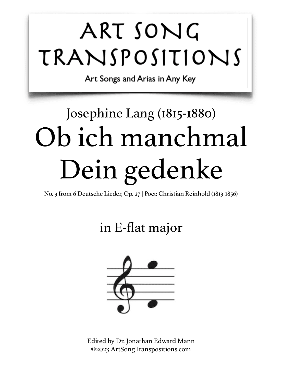 LANG: Ob ich manchmal Dein gedenke, Op. 27 no. 3 (transposed to E-flat major) (arr. ArtSongTranspositions.com)
