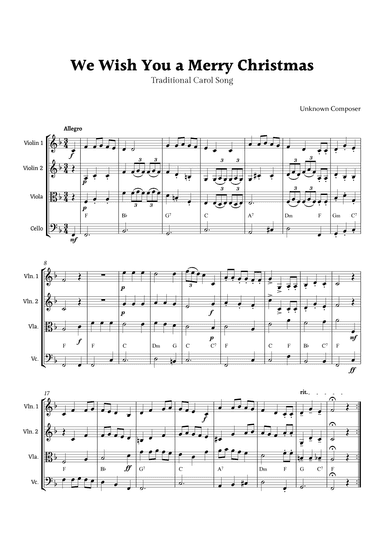 We Wish you a Merry Christmas for String Quartet  with Chords (arr. Rika K.)