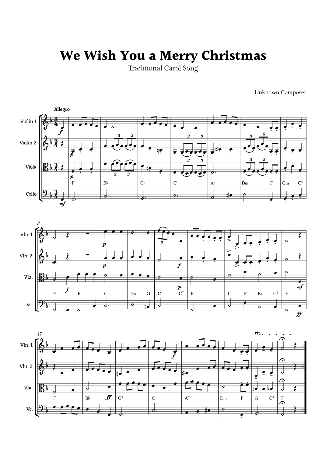 We Wish you a Merry Christmas for String Quartet  with Chords (arr. Rika K.)