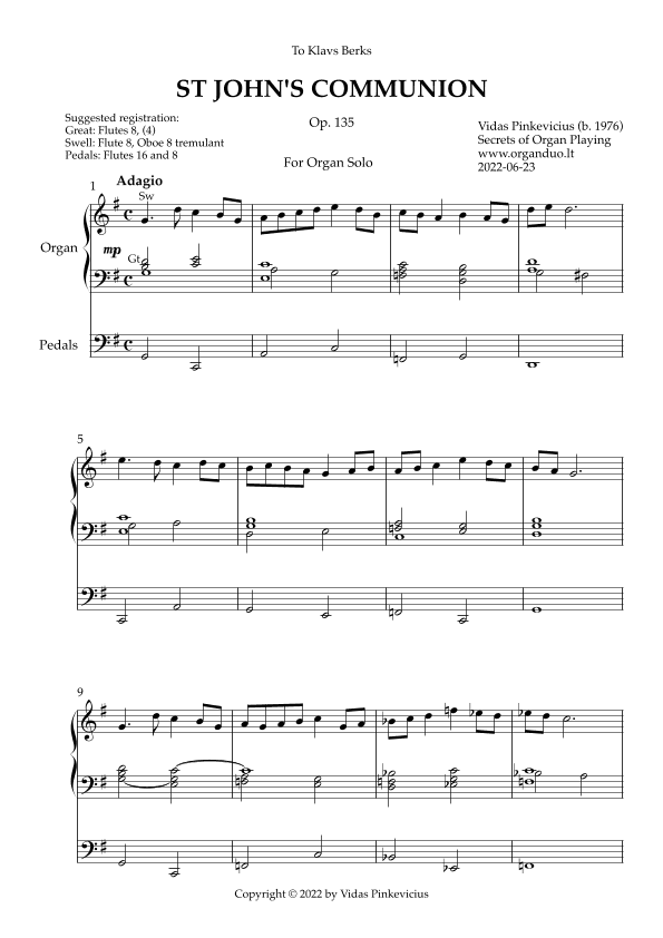 St John's Communion, Op. 135 (Organ Solo) by Vidas Pinkevicius (2022)