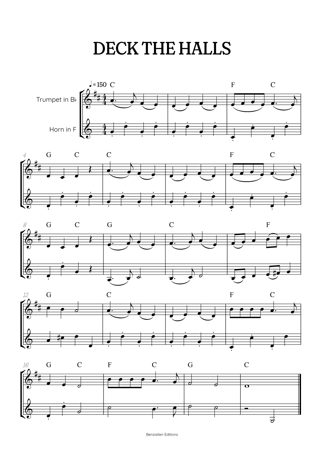 Deck the Halls trumpet and french horn duet • easy Christmas song sheet music w/ chords (arr. Benzaiten Editions)