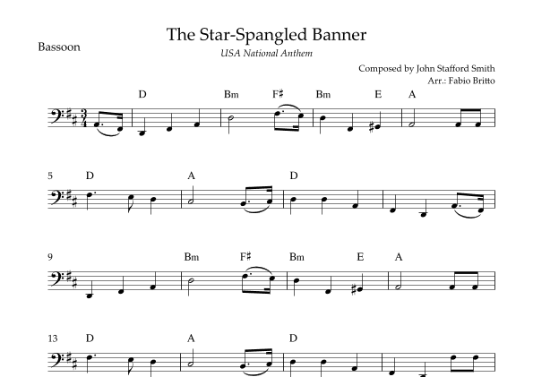 The Star Spangled Banner (USA National Anthem) for Bassoon Solo with Chords (D Major) (arr. Fabio Britto)