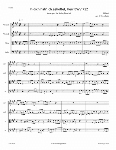 Bach: In dich hab' ich gehoffet, Herr BWV 712 arranged for String Quartet (arr. D Oppenheim)