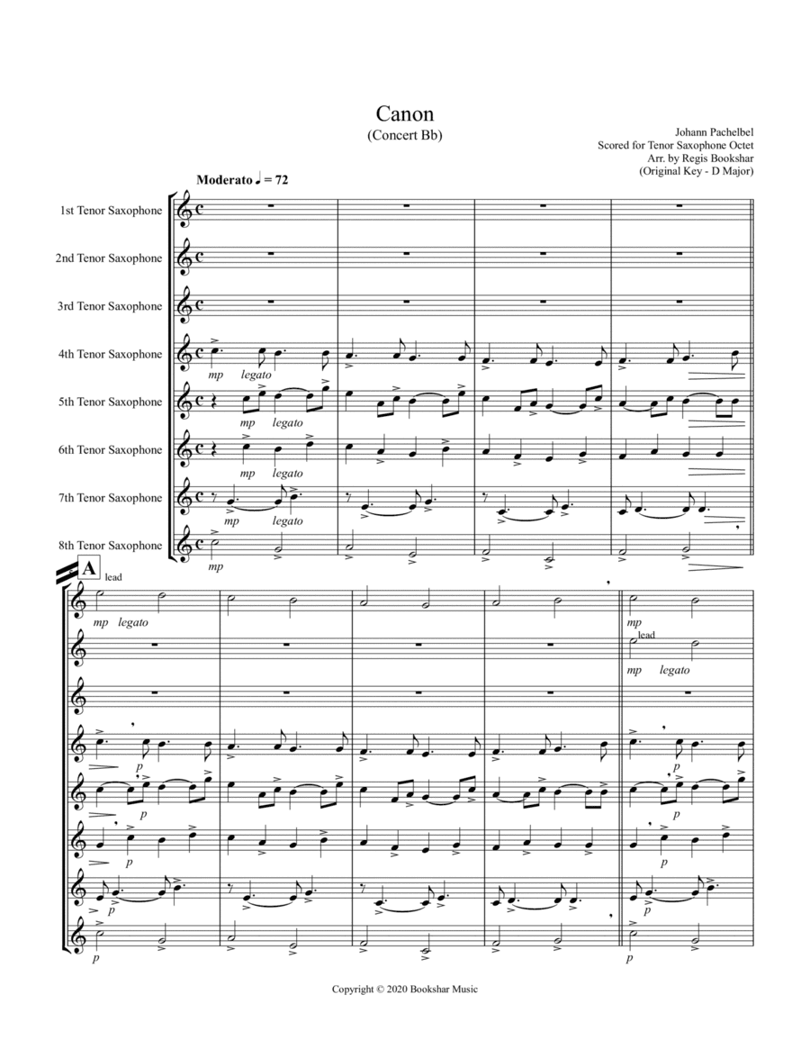 Canon (Pachelbel) (Bb) (Tenor Saxophone Octet) (arr. Regis Bookshar)