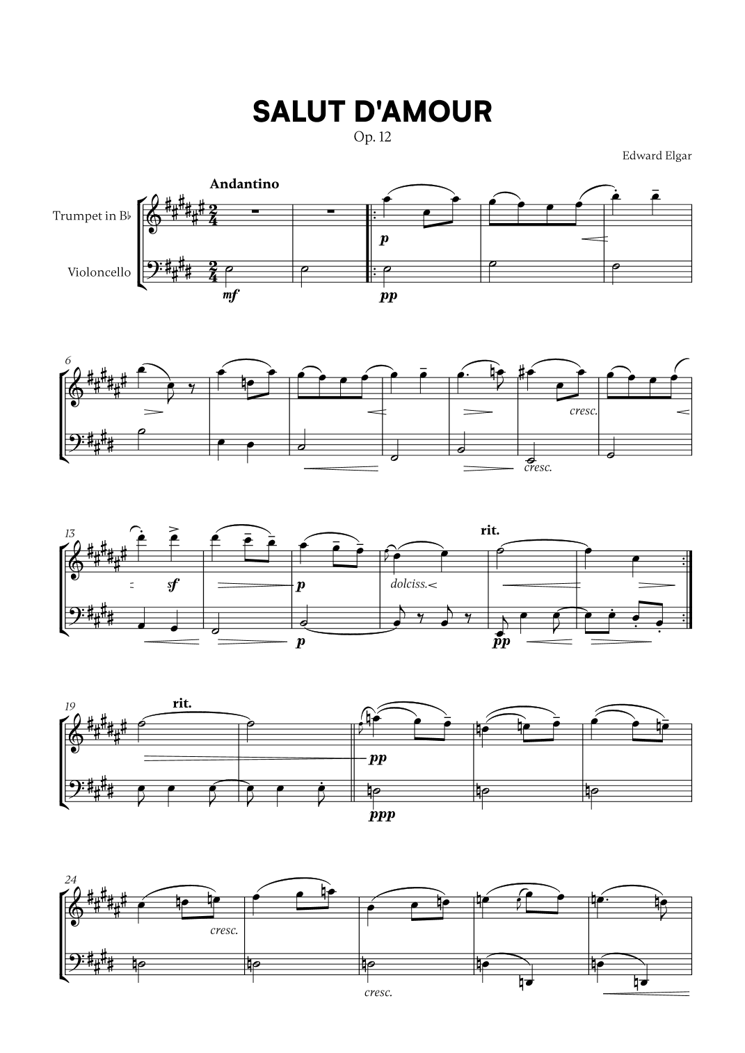 Edward Elgar - Salut d'Amour for Trumpet in Bb and Cello (arr. Cadenza Editions)