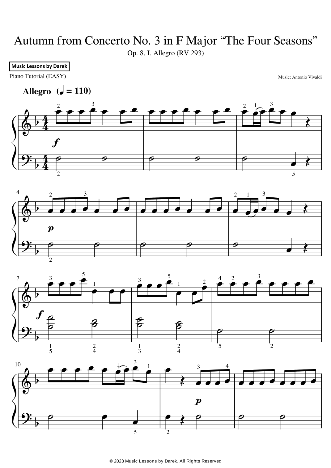 Autumn from Concerto No. 3 in F Major “The Four Seasons” (EASY PIANO) Op. 8, I. Allegro (RV 293) (arr. Darek)