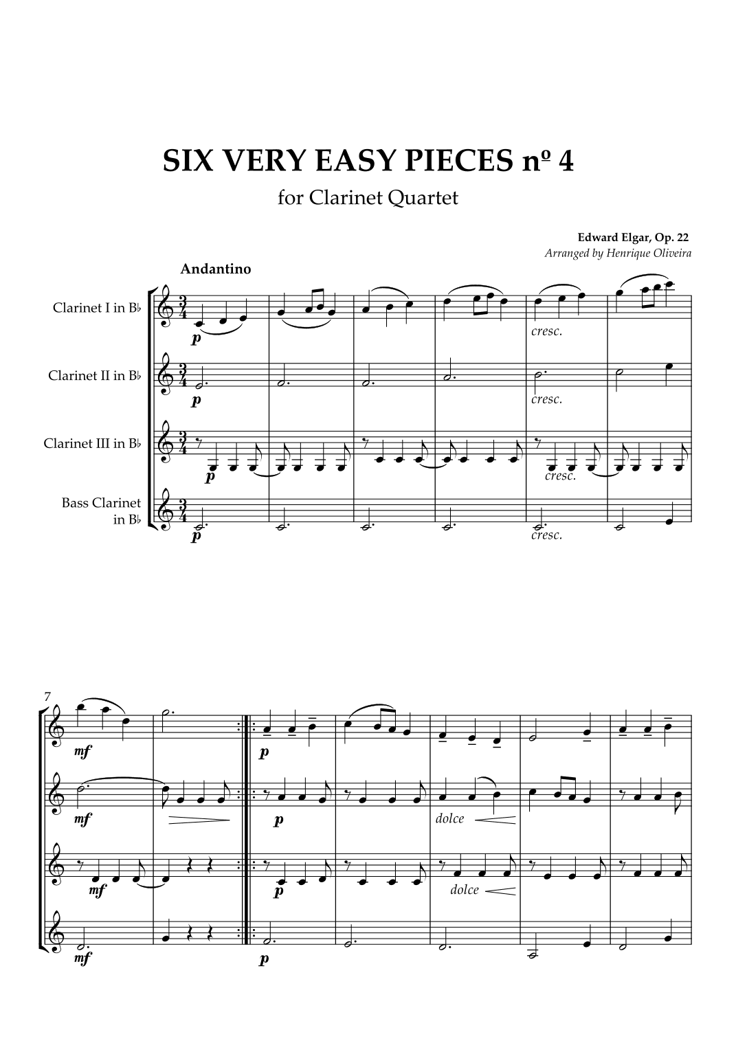 Six Very Easy Pieces nº 4 (Andantino) - Clarinet Quartet (arr. Henrique Oliveira)