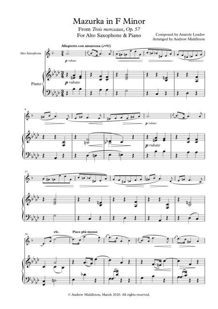 Mazurka in F Minor Op. 57 arranged for Alto Saxophone & Piano (arr. Andrew Middleton)