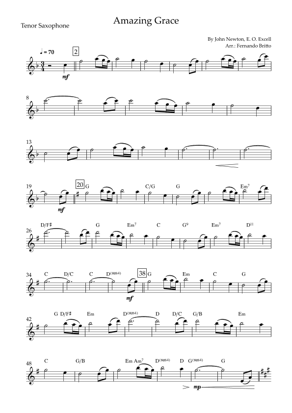 Amazing Grace for Tenor Saxophone Solo with Chords (arr. Fernando Britto)