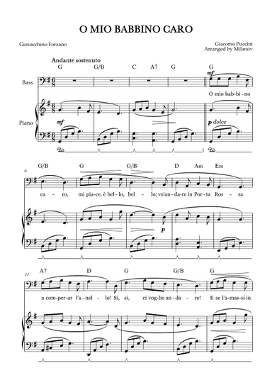 O Mio Babbino Caro | Male Voice Bass | G Major | Piano accompaniment | Pedal | Chords (arr. Milanov)
