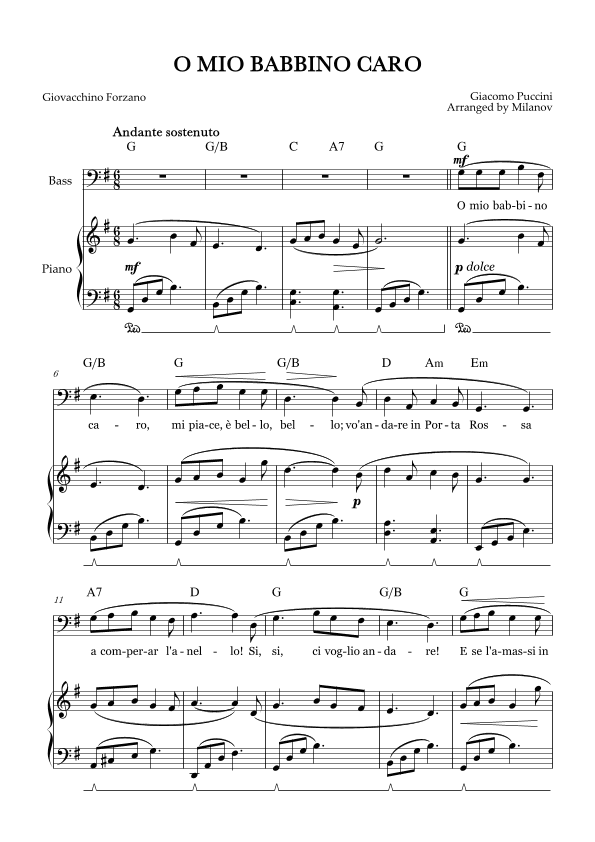O Mio Babbino Caro | Male Voice Bass | G Major | Piano accompaniment | Pedal | Chords (arr. Milanov)