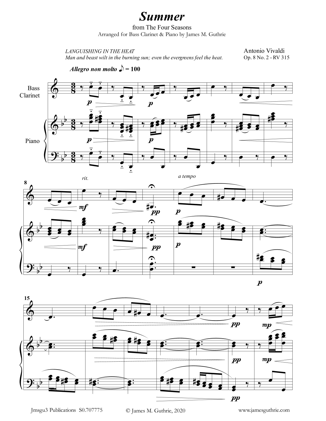 Vivaldi: Summer from the Four Seasons for Bass Clarinet & Piano (arr. James M. Guthrie, ASCAP)