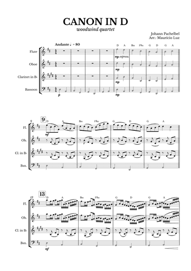 Canon in D for Woodwind Quartet with chords (arr. Maurício Luz)