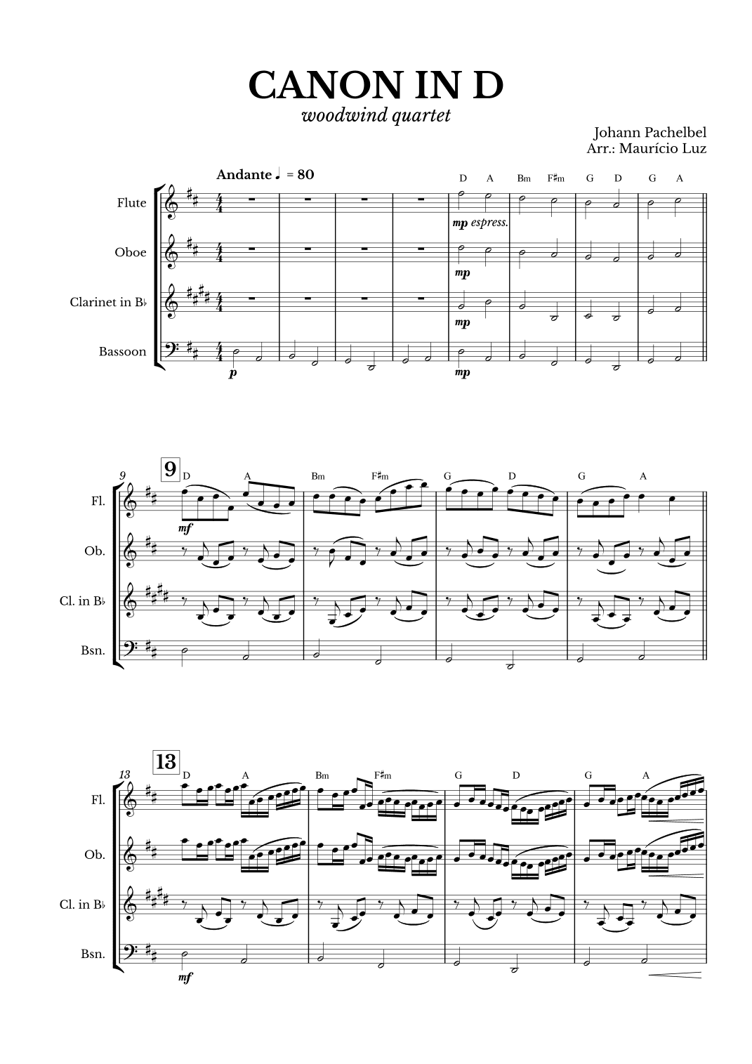 Canon in D for Woodwind Quartet with chords (arr. Maurício Luz)