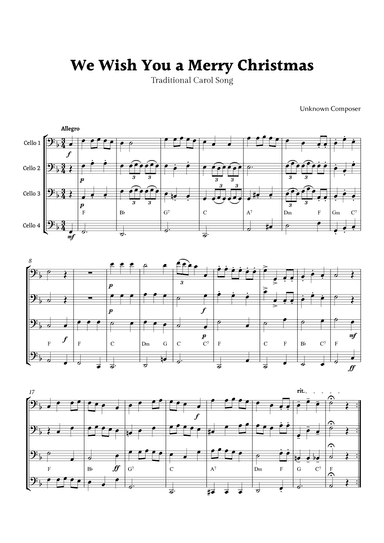 We Wish you a Merry Christmas for Violoncello Quartet with Chords (arr. Rika K.)