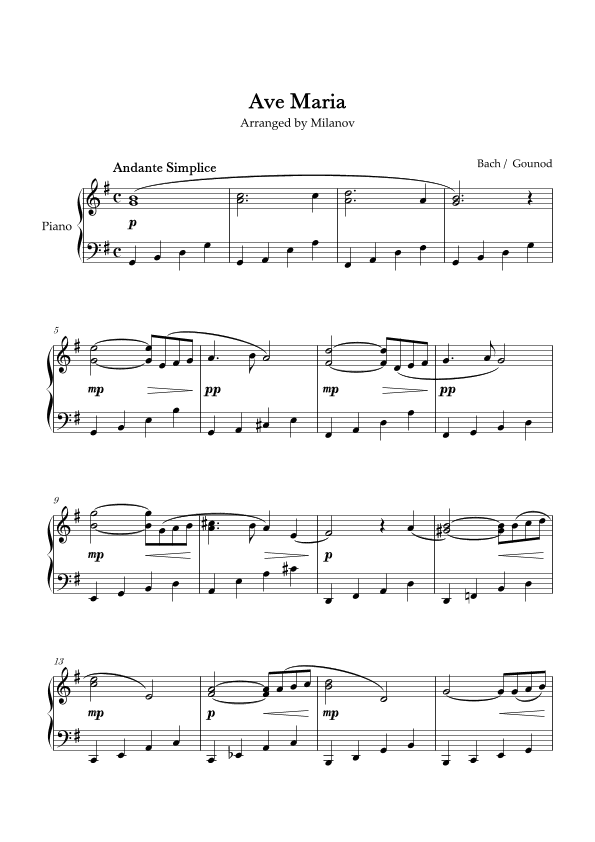 Ave Maria Bach Gounod in G Intermediate Piano (arr. Milanov)