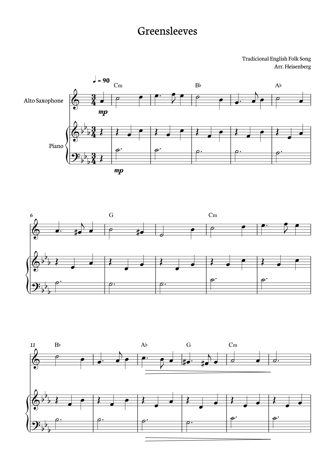 Greensleeves for Alto Sax with piano accompaniment (arr. Heisenberg)