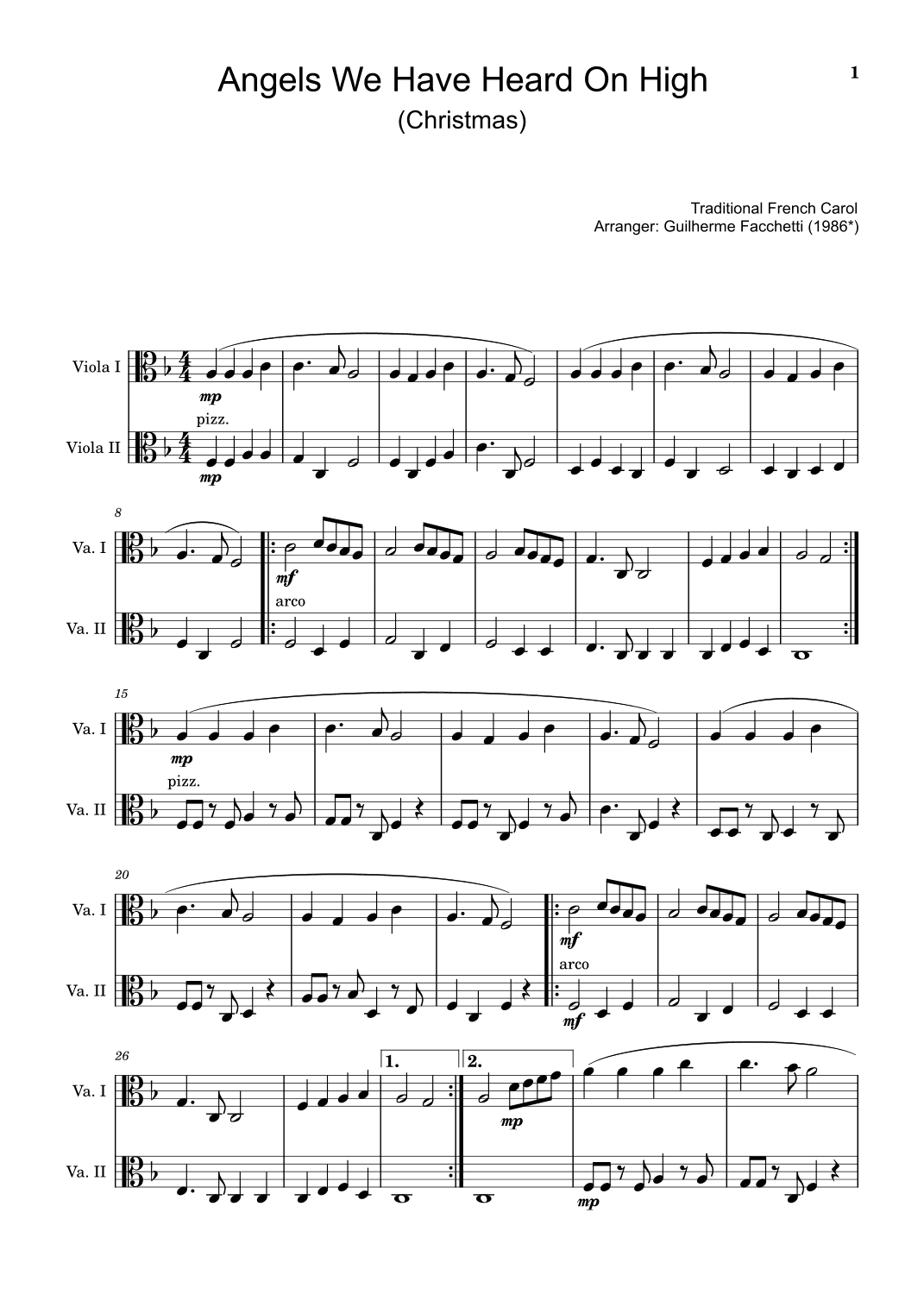 Angels We Have Heard On High - Arranged for Viola Duet. (arr. Guilherme Facchetti)