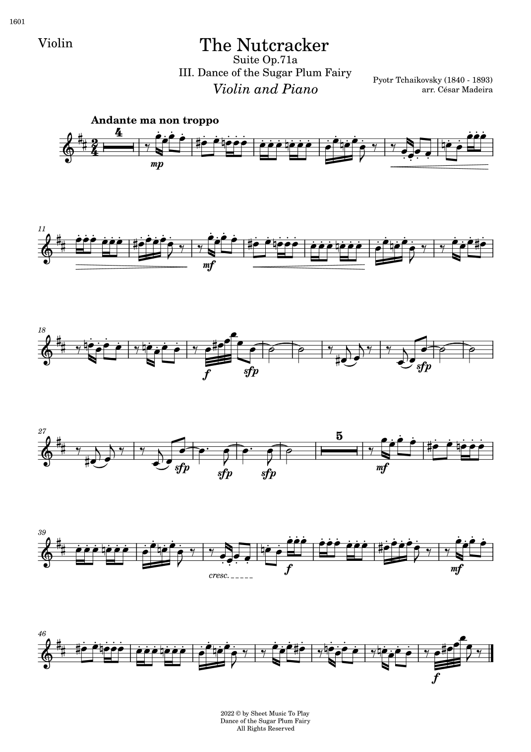 Dance of the Sugar Plum Fairy - Violin and Piano (Individual Parts) (arr. César Madeira)