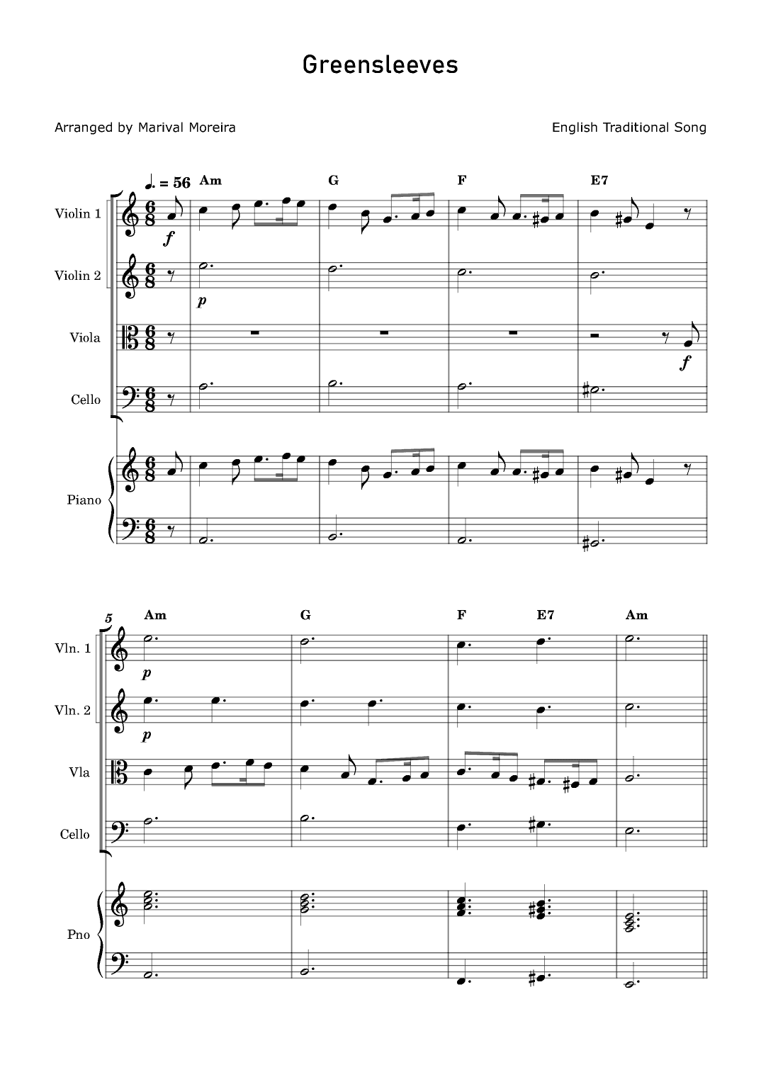 Greensleeves - String Quartet and Piano accompaniment (arr. Marival Moreira)
