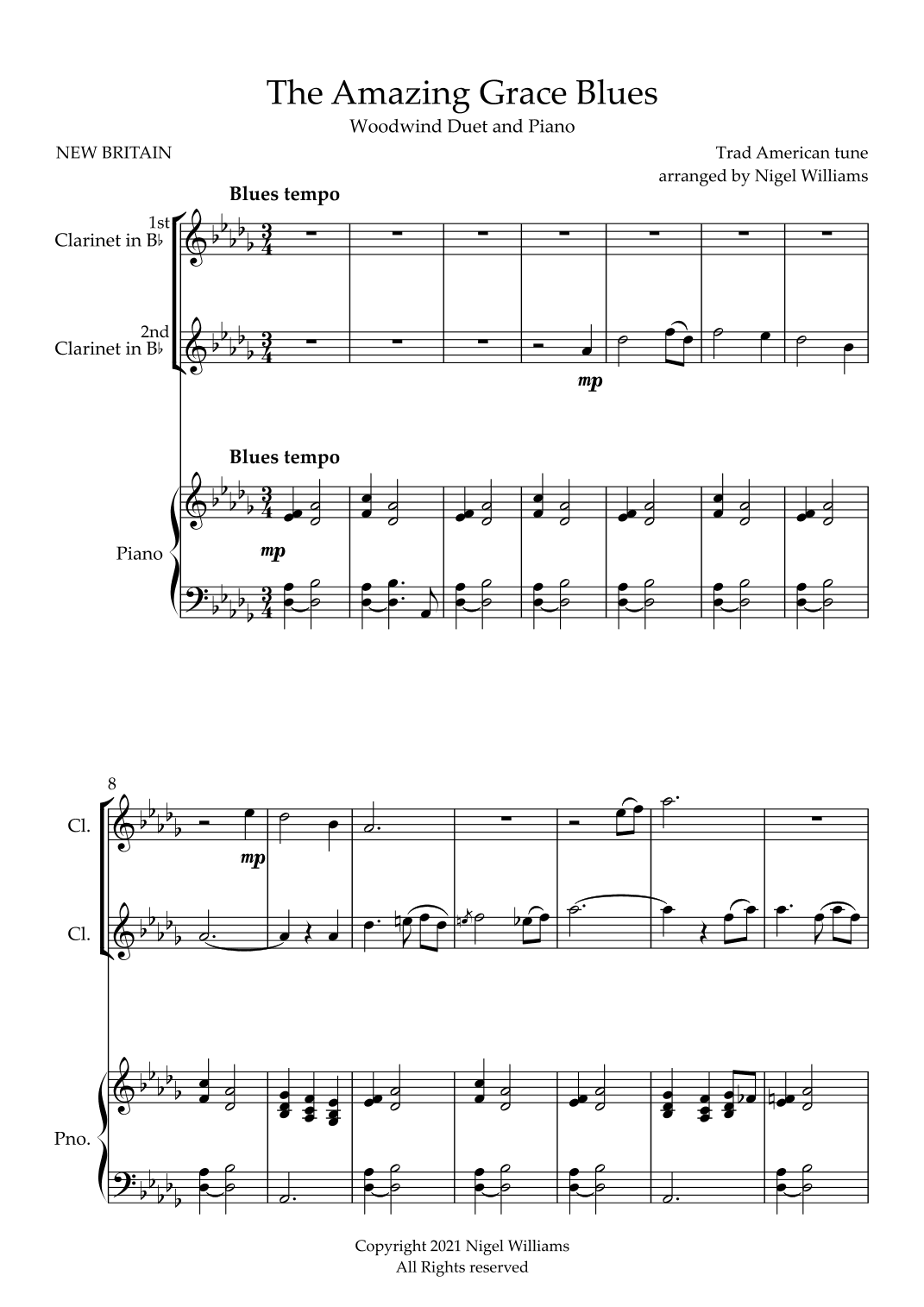 The Amazing Grace Blues, for Clarinet Duet and Piano (arr. Nigel Williams)