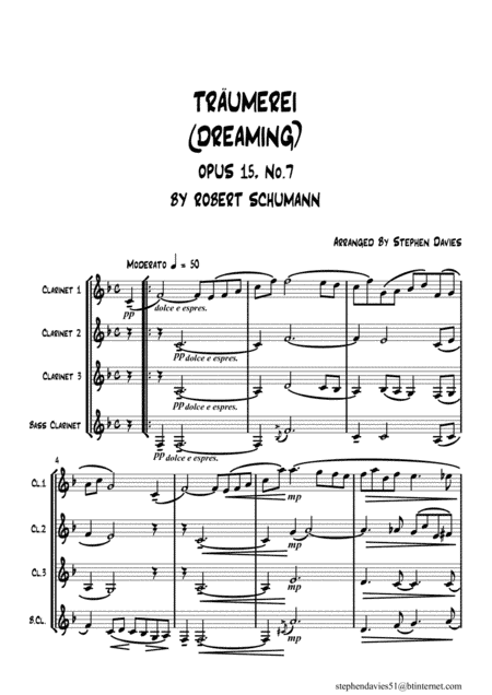 'Traumerei (Dreaming)' Op.15 No.7 by Robert Schumann for Clarinet Quartet. (arr. Stephen Davies)