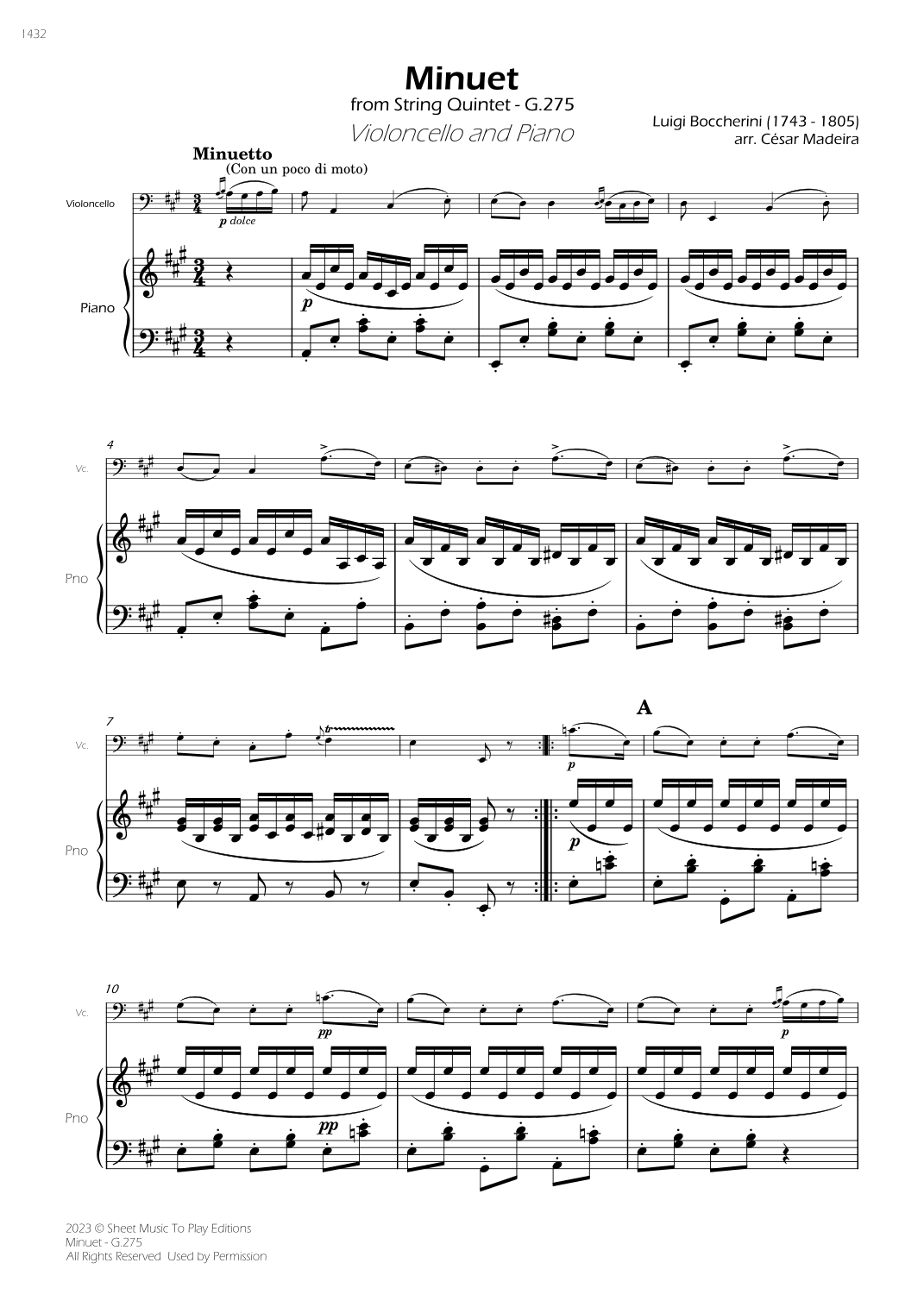 Minuet Op.11 No.5 - Cello and Piano (Full Score) (arr. César Madeira)