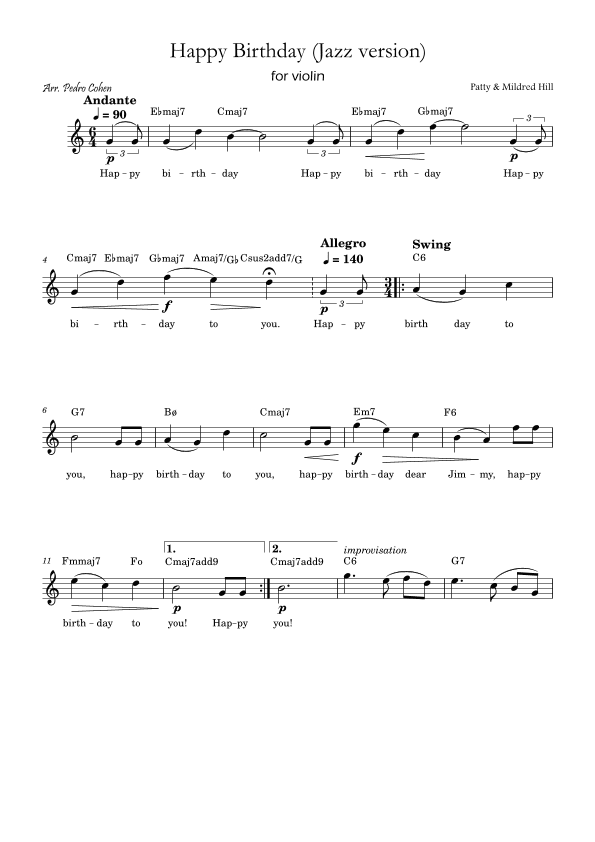 Happy Birthday (jazz version) (arr. Pedro Cohen)