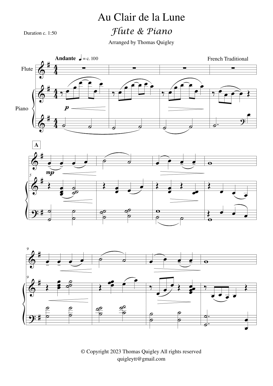 Au Clair de la Lune (arr. Thomas Quigley)