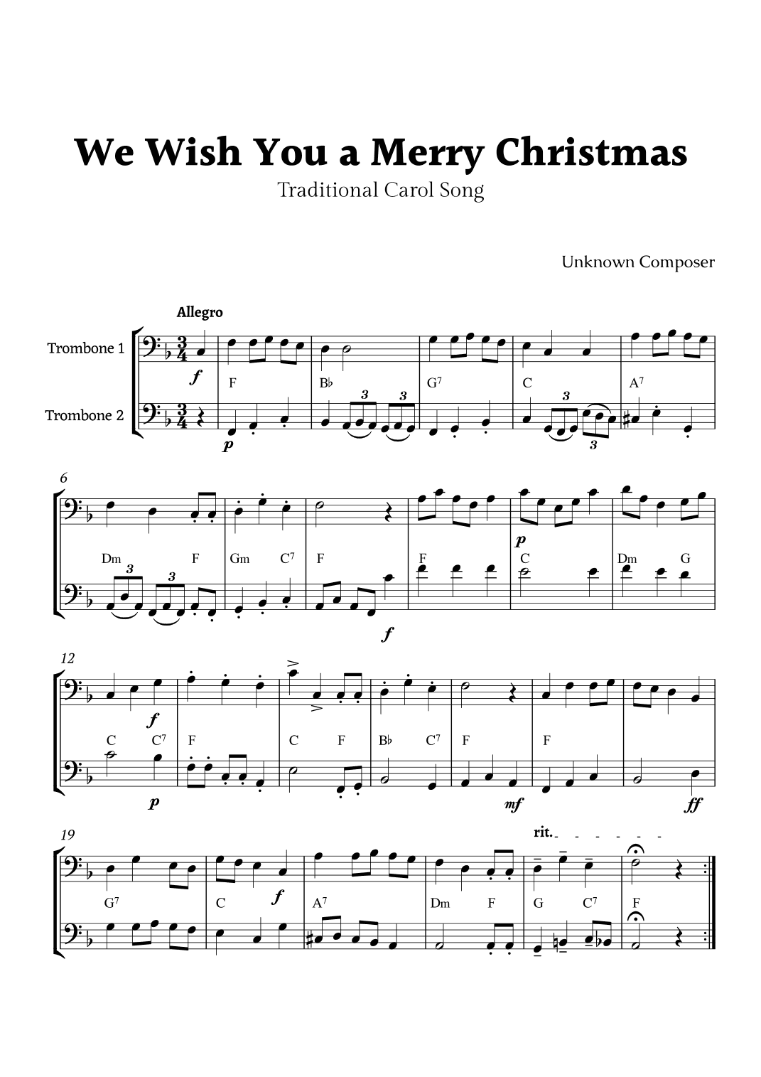 We Wish you a Merry Christmas for Trombone Duet with Chords (arr. Rika K.)