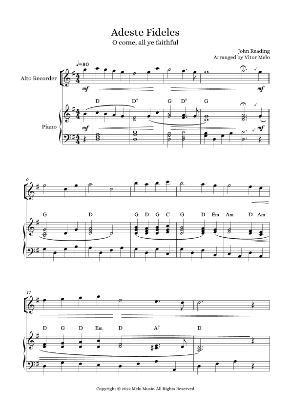 Adeste Fideles (O Come, All Ye Faithful) - recorder and piano (arr. Vitor Melo)
