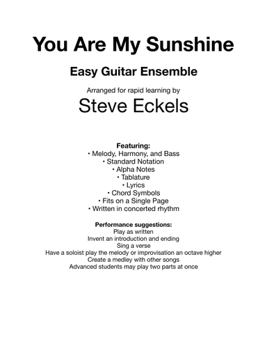 You Are My Sunshine For Easy Guitar Ensemble (arr. Steve Eckels)