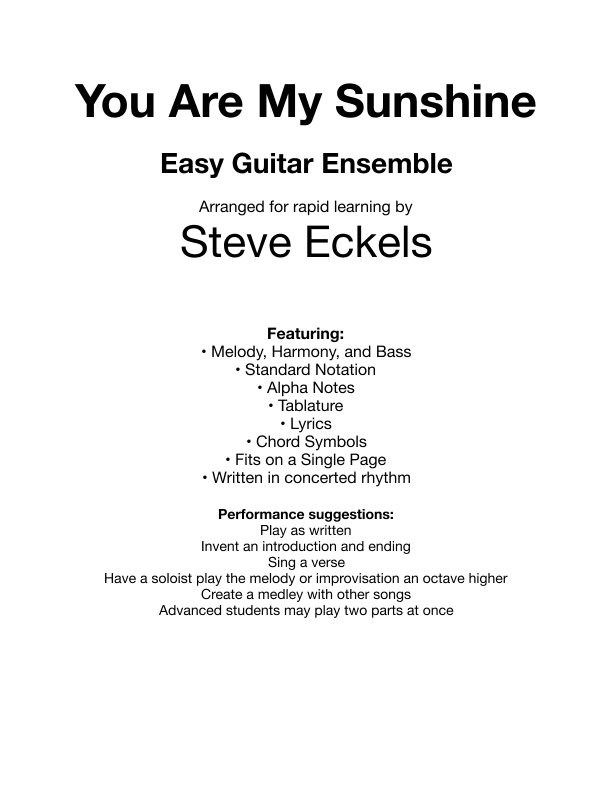 You Are My Sunshine For Easy Guitar Ensemble (arr. Steve Eckels)