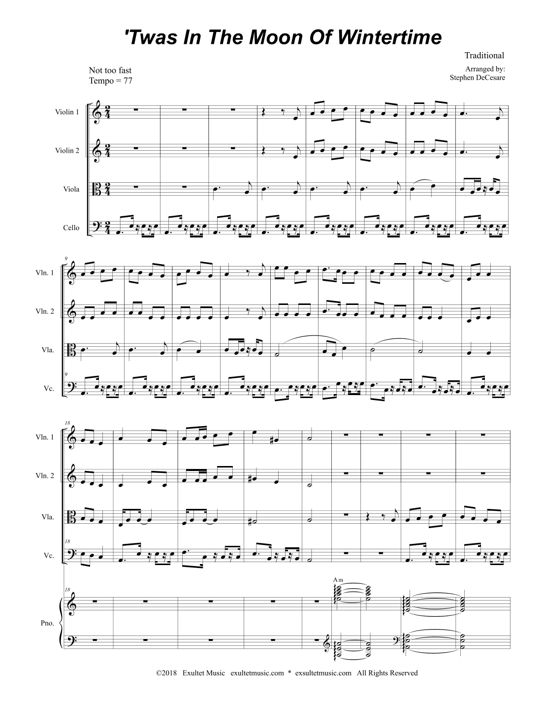 'Twas In The Moon Of Wintertime (String Quartet and Piano) (arr. Stephen DeCesare)