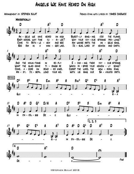 Angels We Have Heard On High - Lead sheet (melody, lyrics & chords) in key of D (arr. Stephen Bulat)